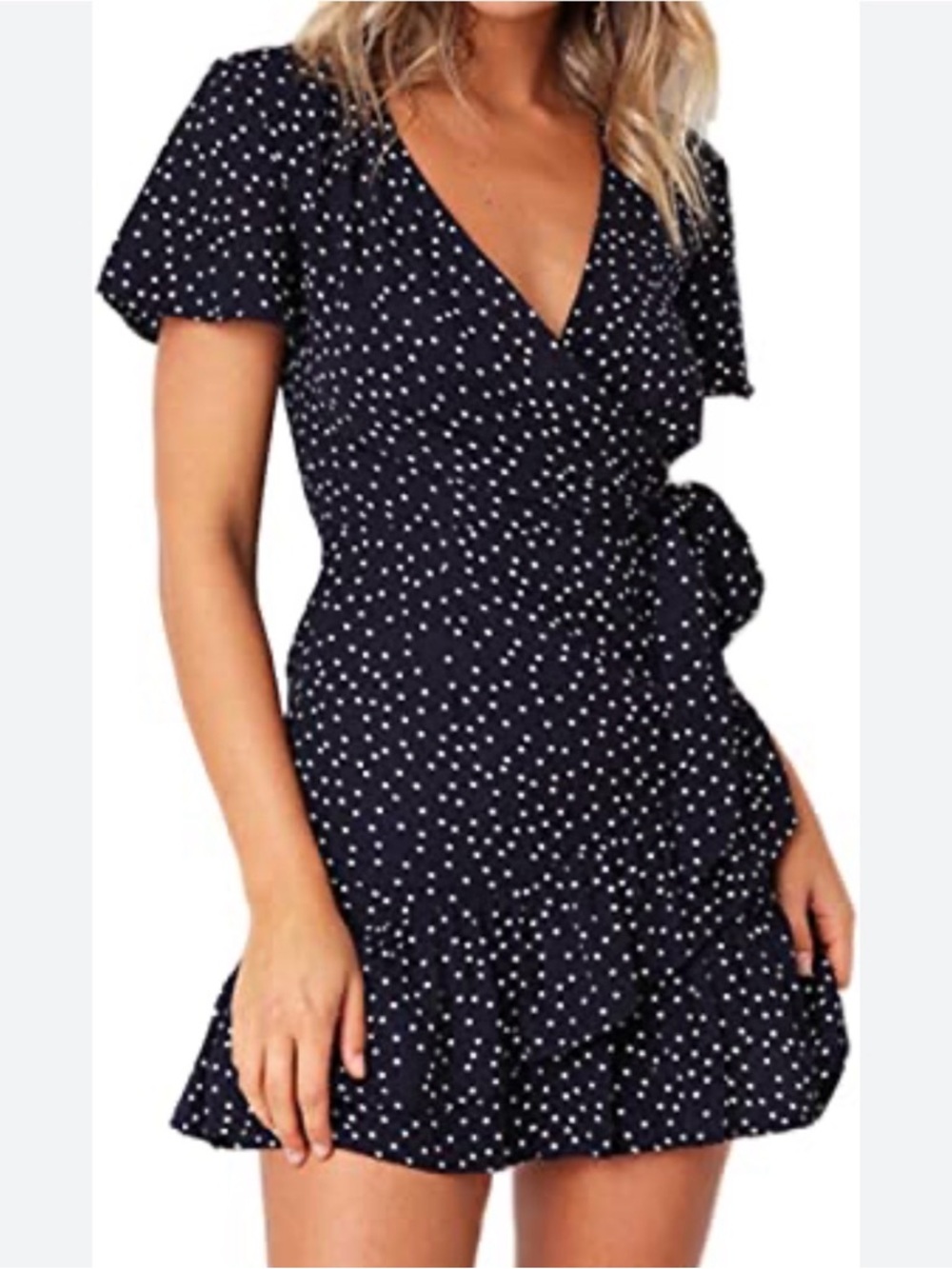 Polka Dot V-Neck Mini Wrap Dress - Navy